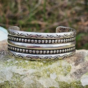 Vintage Wide Sterling Navajo Cuff Bracelet Stacked 7"